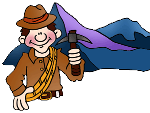 A cheerful cartoon prospector in a brown hat and coat holds a pickaxe, standing before stylized purple and blue mountains.