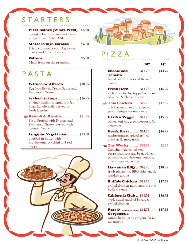 Illustrated Italian restaurant menu featuring pizza, pasta, and starters with a chef holding dishes and a village sketch.