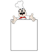 Cartoon chef with mustache and toque peeking over a blank sign, gesturing invitingly.
