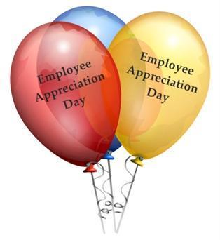 Three colorful balloons-red, blue, and yellow-with "Employee Appreciation Day" printed on them, tied together with curly ribbons.