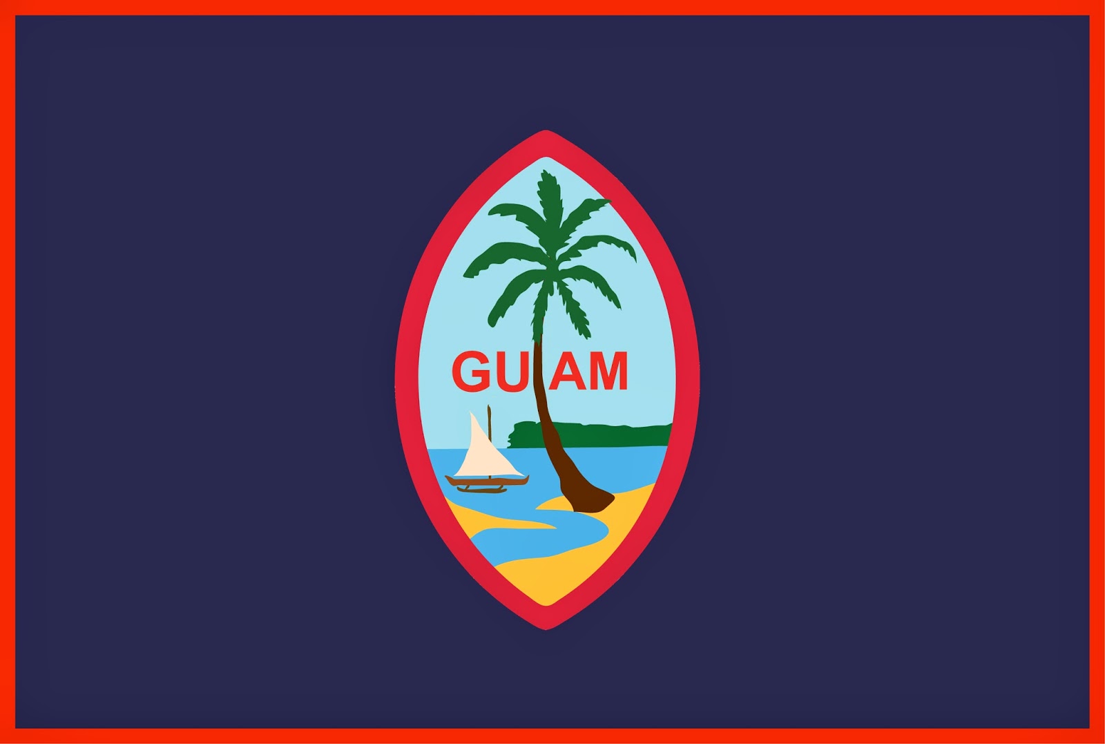 Flag of Guam featuring a red-bordered emblem with a palm tree, sailboat, and beach on a blue field.