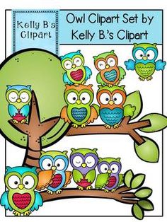Colorful cartoon owls perched on tree branches in a playful educational clipart set by Kelly B's Clipart.