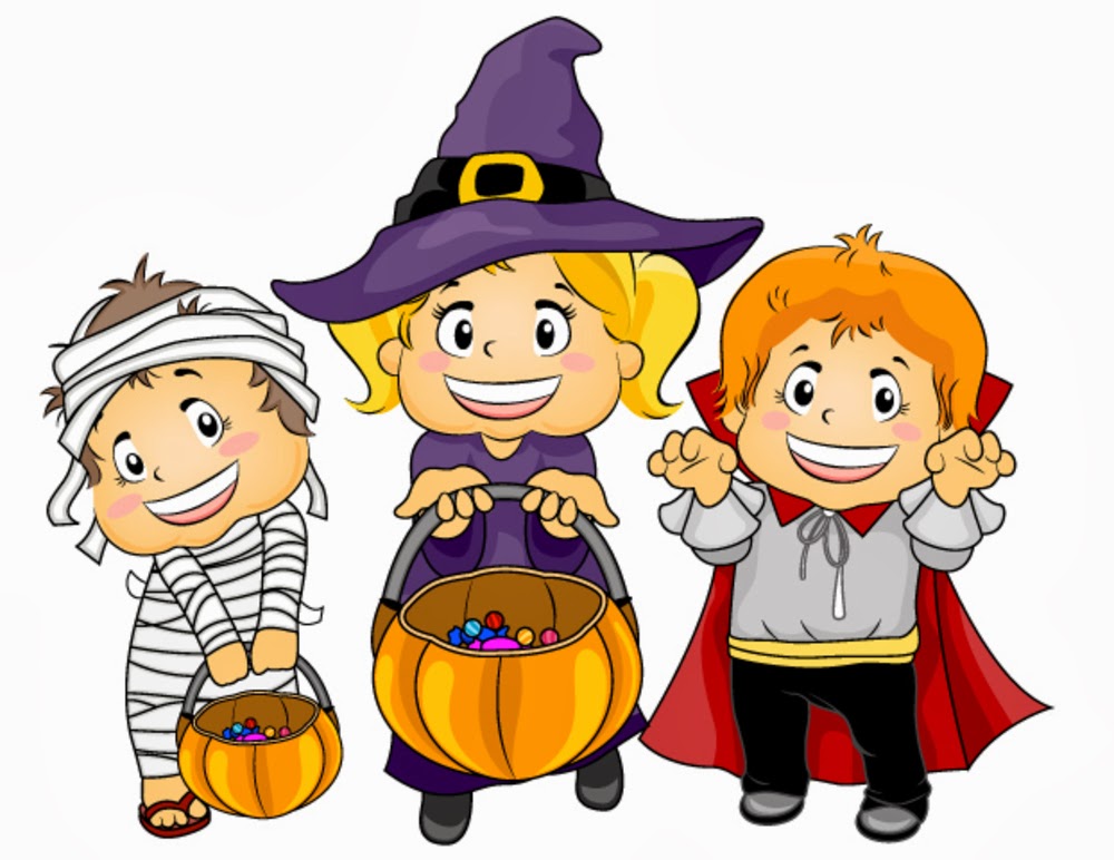 Three smiling children in Halloween costumes-mummy, witch, and vampire-holding candy-filled pumpkin buckets.
