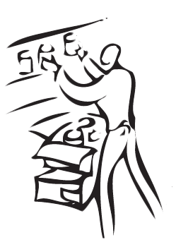 A stylized black-and-white sketch of a person presenting or explaining concepts using hand gestures and abstract shapes.