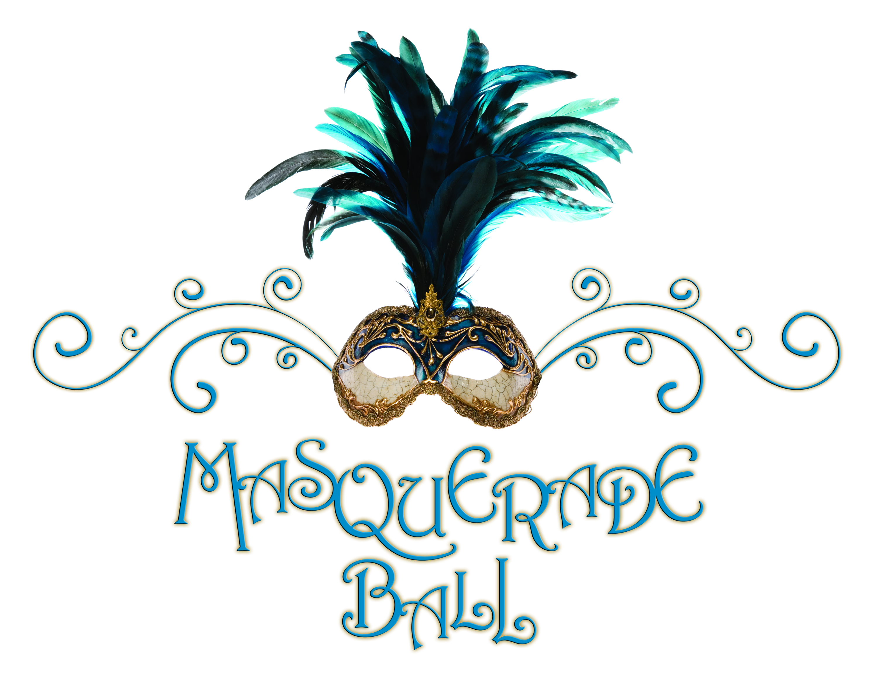 Elegant blue and gold Venetian masquerade mask with peacock feathers and ornate scrollwork, labeled "Masquerade Ball".