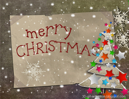Handwritten "Merry Christmas" on vintage paper with colorful star-decorated tree and falling snowflakes.