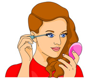 Woman applying mascara while looking in a handheld pink mirror, wearing a red top.