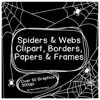Black-and-white Halloween-themed clipart featuring spiderwebs, spiders, and text promoting "Spiders & Webs Clipart, Borders, Papers & Frames".