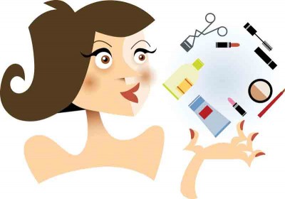 Woman with acne holding skincare and makeup products, illustrating beauty treatment options.