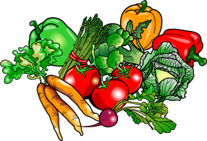 Vibrant illustration of fresh vegetables including carrots, tomatoes, bell peppers, broccoli, asparagus, cabbage, and radish.