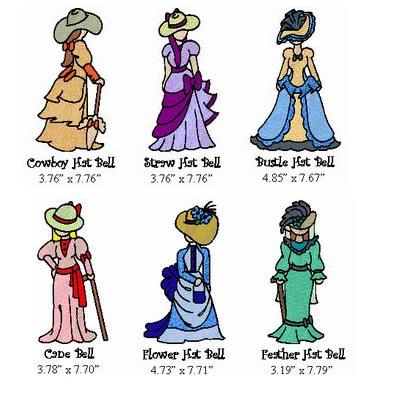 Six embroidered hat doll designs: Cowboy, Straw, Bustle, Cape, Flower, and Feather styles with dimensions listed.