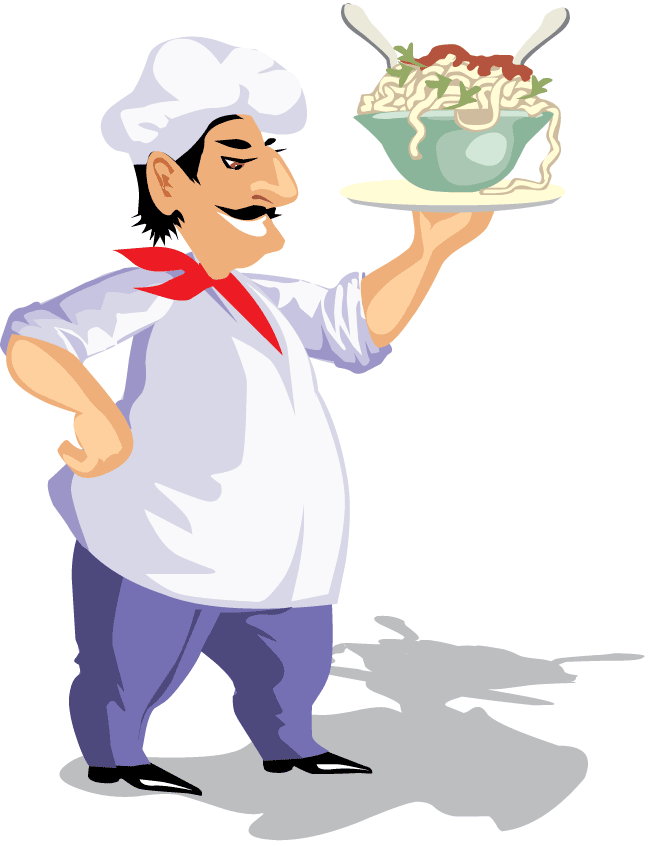 Cartoon chef with mustache proudly presenting a bowl of spaghetti with tomato sauce and herbs.