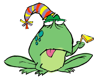 A cartoon green frog wearing a colorful striped party hat, sticking out its tongue while holding a small yellow flag.