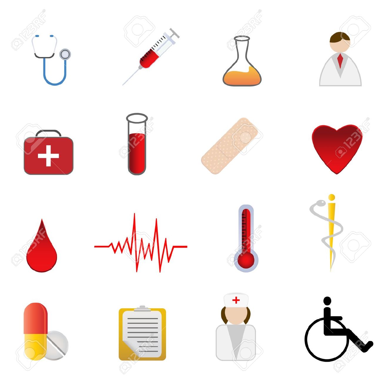 Collection of 16 medical and healthcare icons including stethoscope, syringe, heart, pills, EKG, wheelchair, and more.