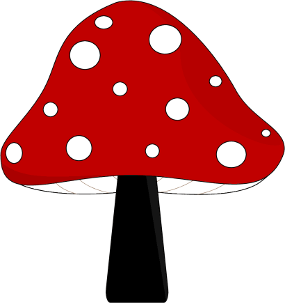 A stylized red mushroom with white spots and a black stem, resembling an Amanita muscaria.