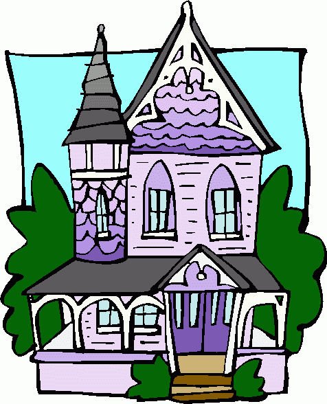 Whimsical purple Victorian-style haunted house with turrets, arched windows, and green shrubbery against a light blue sky.