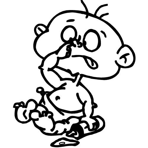 Cartoon baby picking nose with exaggerated expression, sitting on floor in diaper.