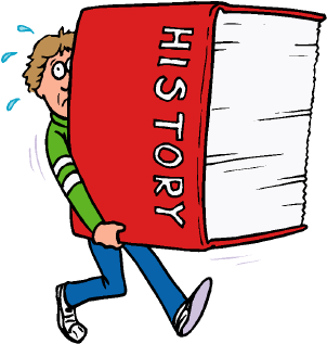 A cartoon boy struggling to carry a giant red "HISTORY" textbook, sweating and running.
