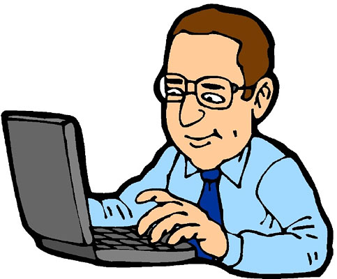 Businessman with glasses typing on a laptop computer, smiling confidently.