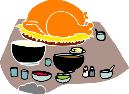 Illustrated roasted turkey with side dishes on a festive table setting.