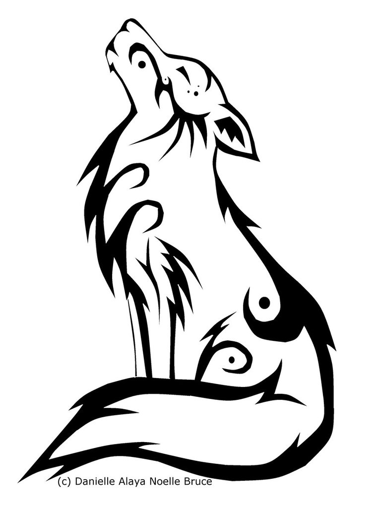 Tribal-style black-and-white howling wolf illustration with stylized curves, sharp lines, and symbolic eye motifs.