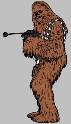 Chewbacca, the Wookiee co-pilot of the Millennium Falcon, stands ready with a bowcaster in hand.