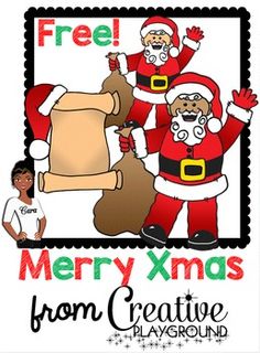 Cheerful Santa Claus characters with a child, holding a scroll and sack, promoting a free Christmas resource from Creative Playground.