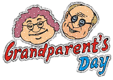 Smiling cartoon grandparents with glasses above festive "Grandparent's Day" text in red and blue.