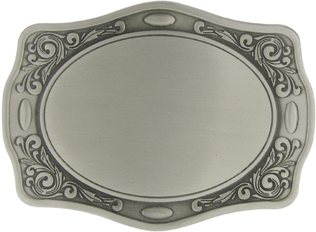 Ornate silver-toned metal belt buckle with intricate floral scrollwork border and brushed oval center.