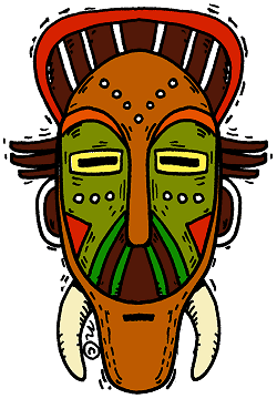 Vibrant African tribal mask with green face, orange crown, ivory tusks, and geometric patterns.