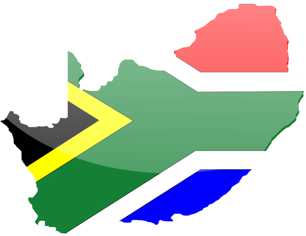 Map of Southern Africa with South Africa highlighted in national flag colors and neighboring countries in solid hues.