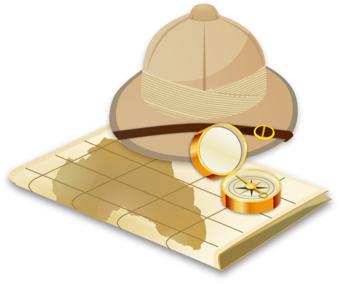 Safari hat, magnifying glass, and compass resting on an old-world map.
