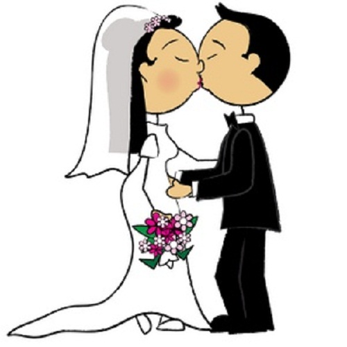 Cartoon bride and groom sharing a romantic kiss on their wedding day, bride holds bouquet of pink and white flowers.