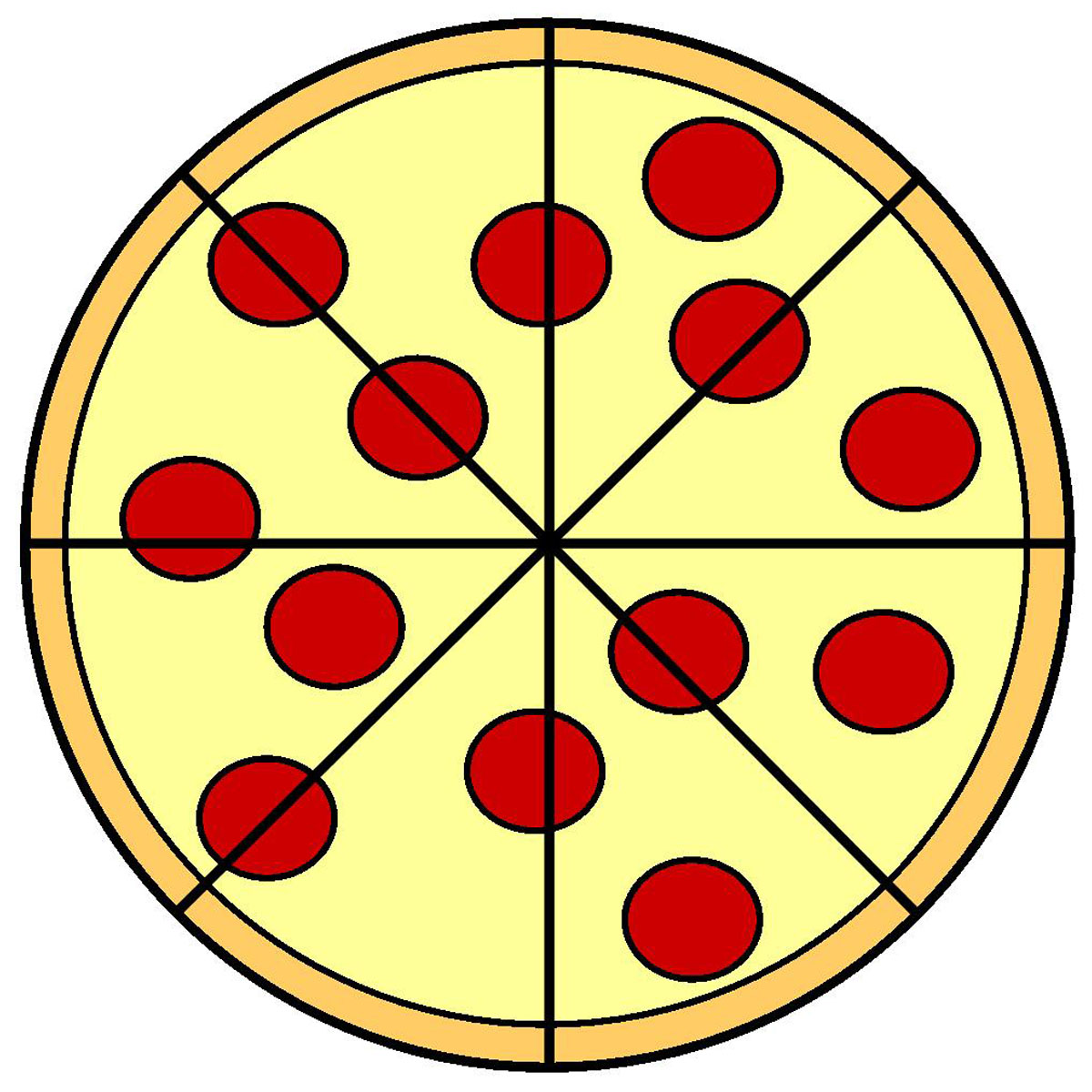 Classic pepperoni pizza sliced into eight equal portions with evenly distributed toppings.