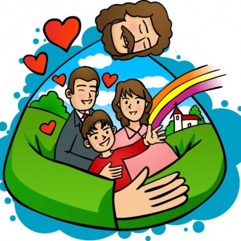 A loving family of three embraced by large protective hands under a smiling divine face, hearts, and a rainbow.
