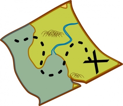 A cartoon-style treasure map with a winding blue river, dotted path, and an 'X' marking the spot on aged parchment.