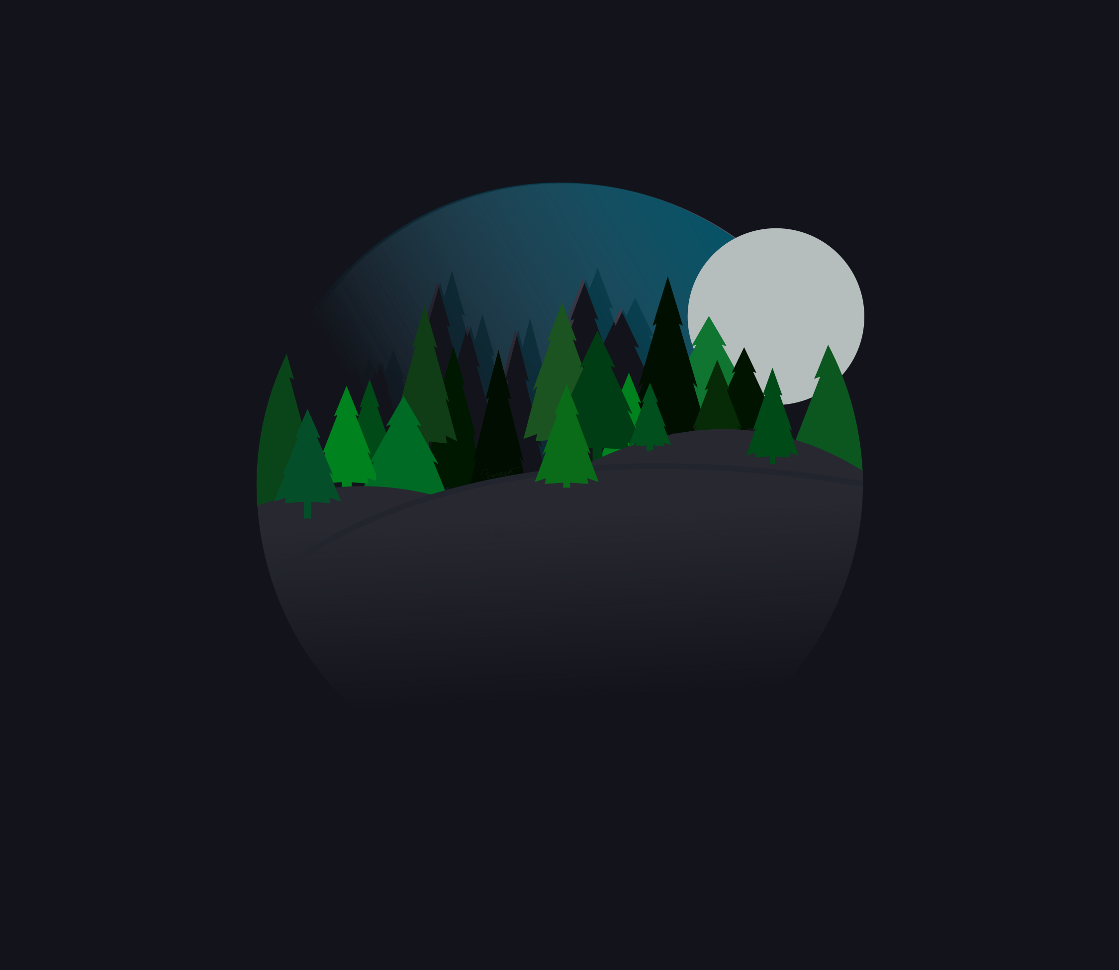 Moonlit forest silhouette with layered evergreen trees under a large full moon and dark night sky.