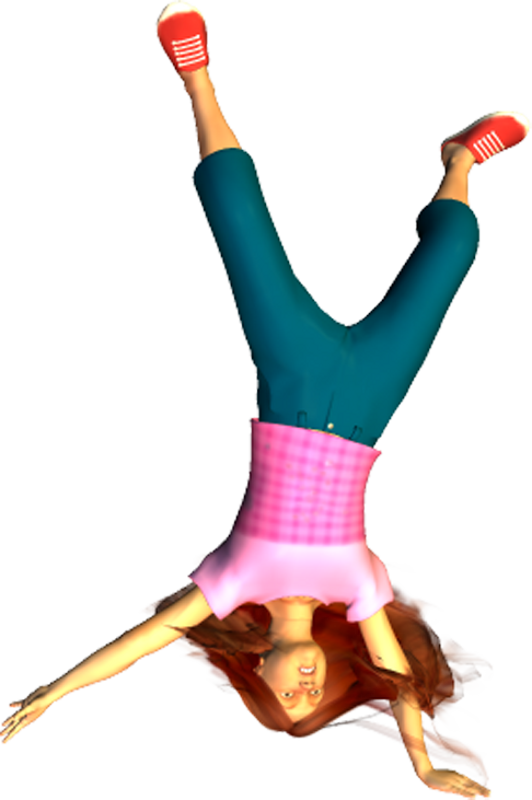 Animated girl doing a playful handstand in pink top and teal pants, red sneakers, joyful expression.