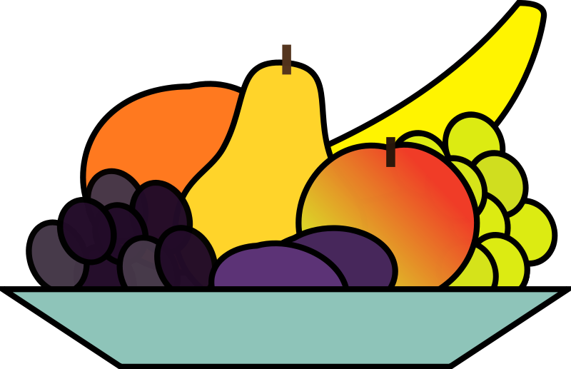 Colorful fruit bowl with banana, pear, apple, orange, grapes, and plums on a teal plate.