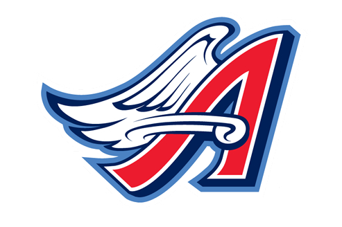 A stylized red letter "A" with white wings and blue outline, representing a sports team logo.