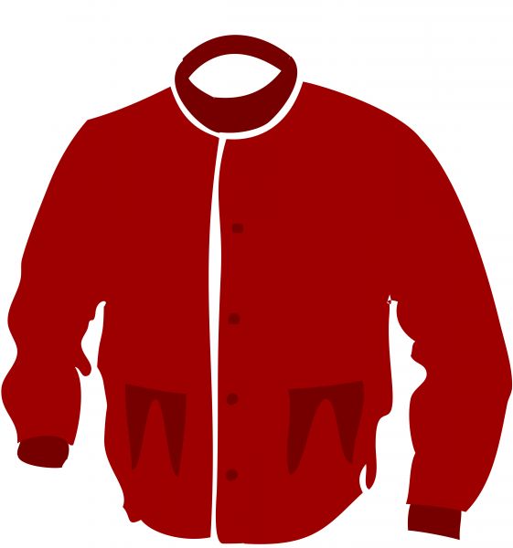 Red bomber-style jacket with white trim, button-front closure, and two front pockets on white background.