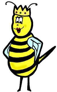 A cheerful cartoon queen bee with a golden crown, striped yellow-and-black body, and light blue cape, standing confidently.