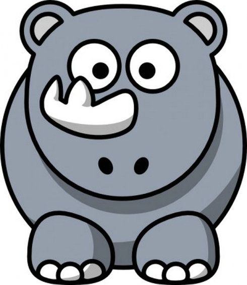 Friendly cartoon rhinoceros sitting upright with big eyes and a small horn, gray body and white hooves.