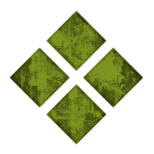 Four olive-green diamond-shaped panels with distressed texture arranged in a cross pattern, framed by partial squares.