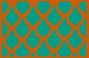 Orange quatrefoil lattice pattern on teal background, repeating geometric design.