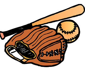 Cartoon-style baseball glove, bat, and ball arranged together on white background.
