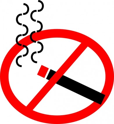 Red prohibition symbol over a lit cigarette with smoke, indicating "No Smoking".