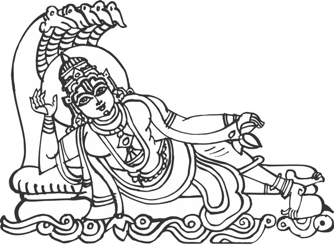 Vishnu reclining on the cosmic serpent Ananta Shesha, symbolizing divine rest and cosmic preservation in Hindu iconography.