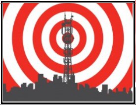 Cell tower centered in red-and-white target rings above city skyline silhouette, symbolizing signal coverage or surveillance.