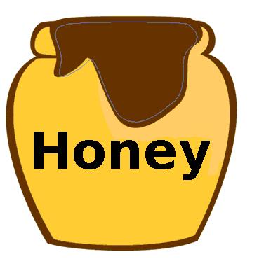 A yellow honey jar with dripping brown honey and the word "Honey" written on it.